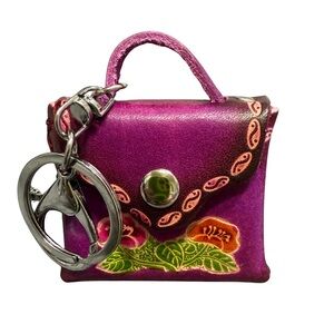 Artisan Purple Floral Leather Keychain bag charm Coin purse NWOT